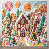 Aperturee - Aperturee Snowy Candyland House Square Arch Christmas Backdrop